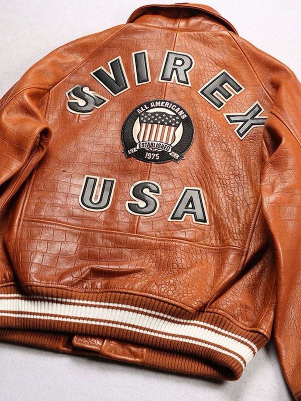Avirex Croc-Embossed Tan/Brown Bomber Jacket with Crest Patch - Picture 2 of 10